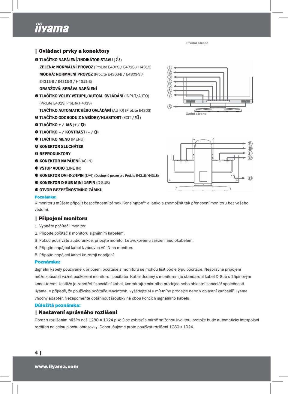 OVLÁDÁNÍ (INPUT/AUTO) (ProLite E431S; ProLite H431S) TLAČÍTKO AUTOMATICKÉHO OVLÁDÁNÍ (AUTO) (ProLite E430S) 3 TLAČÍTKO ODCHODU Z NABÍDKY/HLASITOST (EXIT / ) 4 TLAČÍTKO + / JAS (+ / ) 5 TLAČÍTKO /