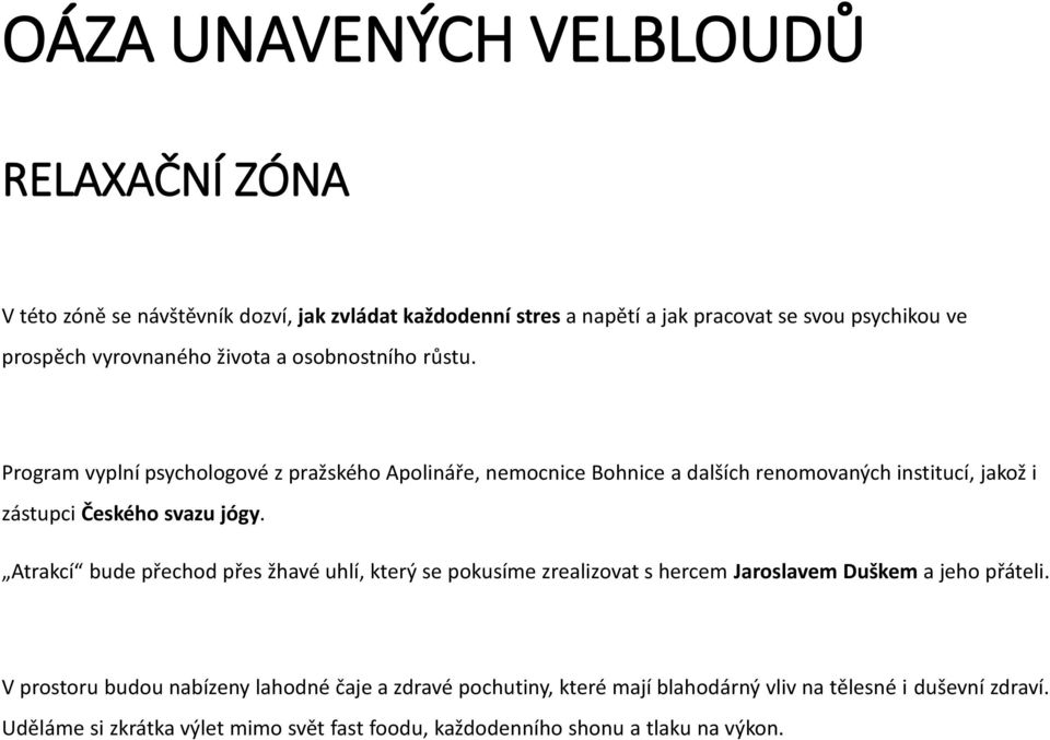 Program vyplní psychologové z pražského Apolináře, nemocnice Bohnice a dalších renomovaných institucí, jakož i zástupci Českého svazu jógy.