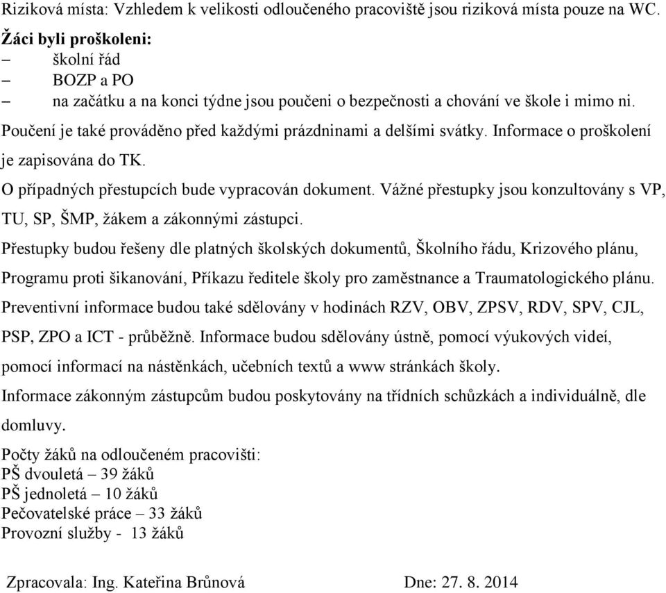 Informace o proškolení je zapisována do TK. O případných přestupcích bude vypracován dokument. Vážné přestupky jsou konzultovány s VP, TU, SP, ŠMP, žákem a zákonnými zástupci.