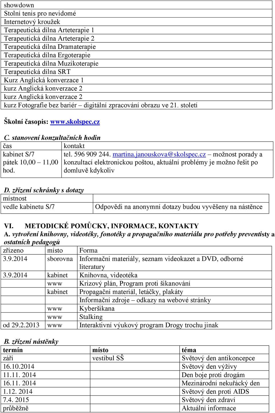 století Školní časopis: www.skolspec.cz C. stanovení konzultačních hodin čas kontakt kabinet S/7 tel. 596 909 244. martina.janouskova@skolspec.