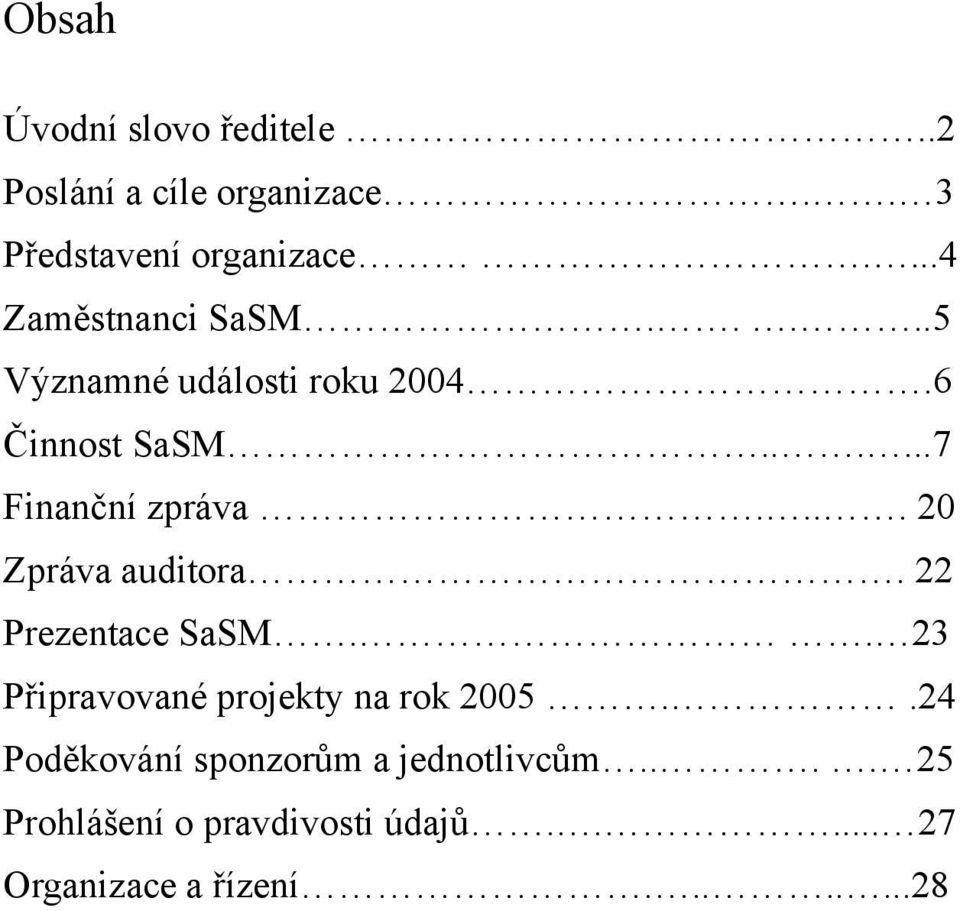... 20 Zpráva auditora. 22 Prezentace SaSM.. 23 Připravované projekty na rok 2005.