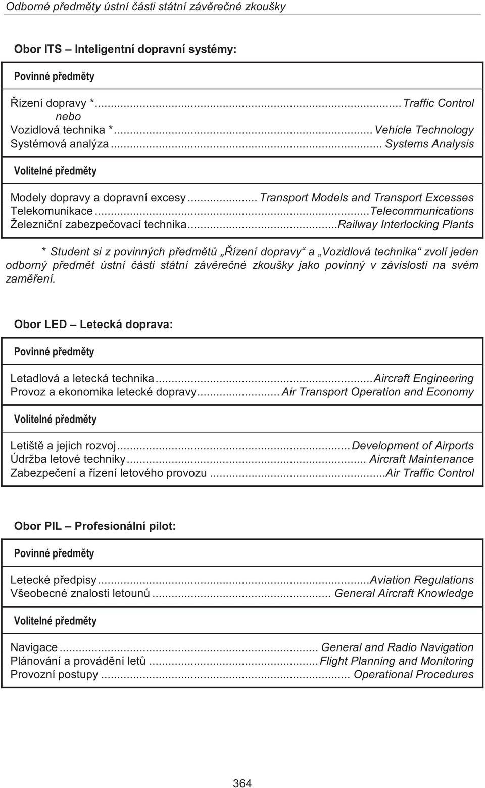 ..railway Interlocking Plants * Student si z povinných předmětů Řízení dopravy a Vozidlová technika zvolí jeden odborný předmět ústní části státní závěrečné zkoušky jako povinný v závislosti na svém