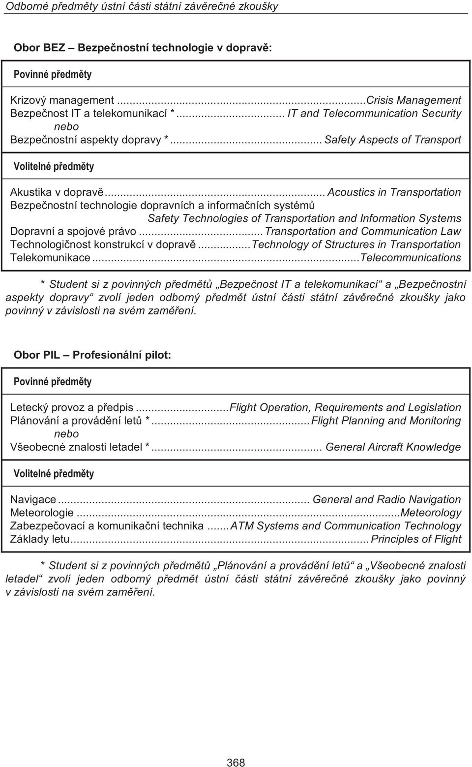 .. Acoustics in Transportation Bezpečnostní technologie dopravních a informačních systémů Safety Technologies of Transportation and Information Systems Dopravní a spojové právo.