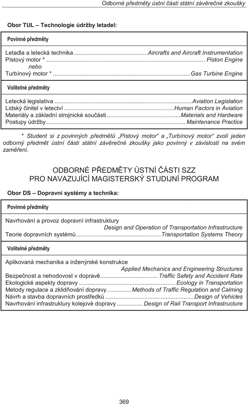 .. Maintenance Practice * Student si z povinných předmětů Pístový motor a Turbínový motor zvolí jeden odborný předmět ústní části státní závěrečné zkoušky jako povinný v závislosti na svém zaměření.