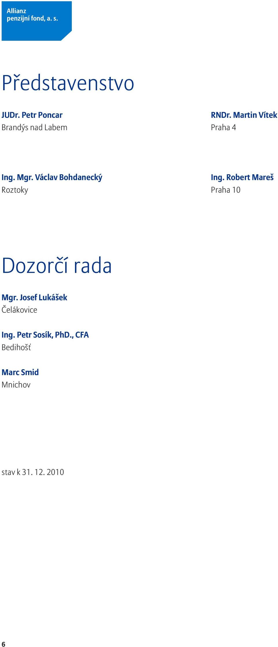 Václav Bohdanecký Roztoky Praha 10 Ing. Robert Mareš Dozorčí rada Mgr.