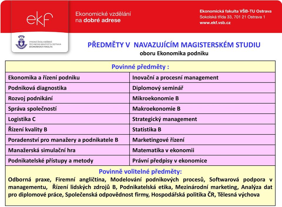 management Statistika B Marketingové řízení Matematika v ekonomii Právní předpisy v ekonomice Povinně volitelné předměty: Odborná praxe, Firemní angličtina, Modelování podnikových procesů,