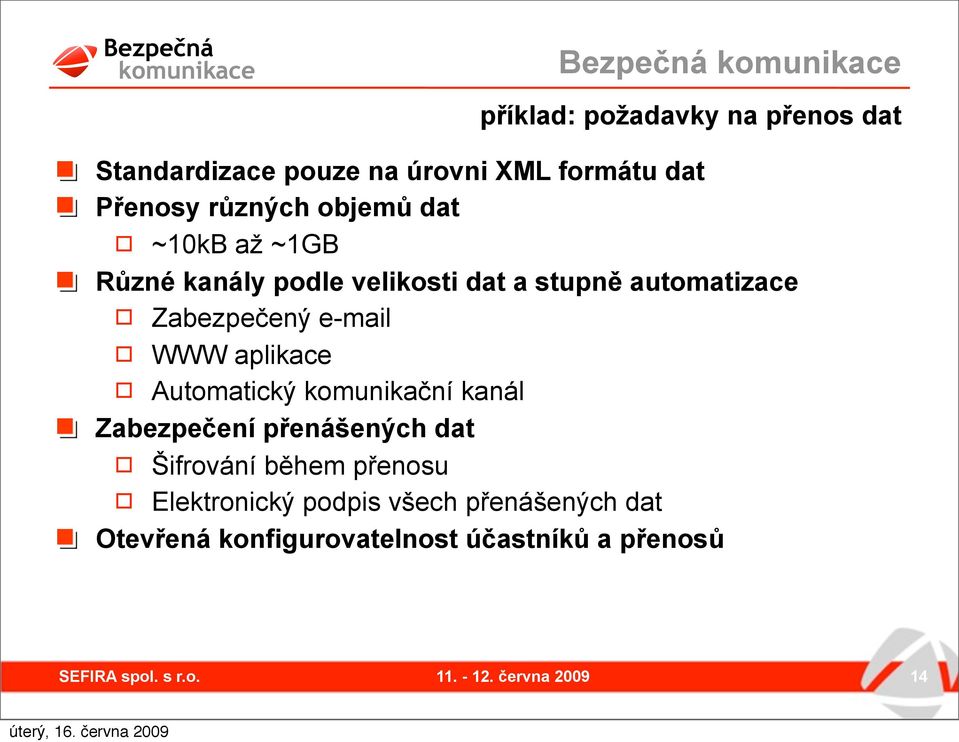 Zabezpečený e-mail WWW aplikace Automatický komunikační kanál Zabezpečení přenášených dat Šifrování