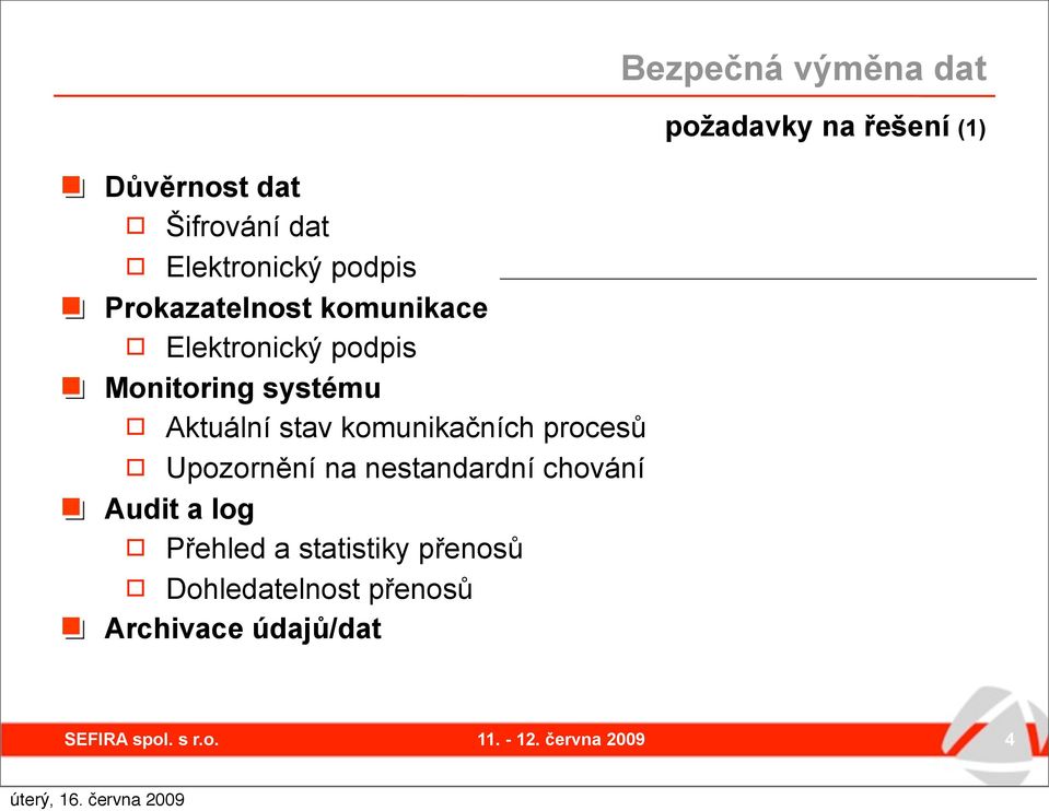 systému Aktuální stav komunikačních procesů Upozornění na nestandardní chování