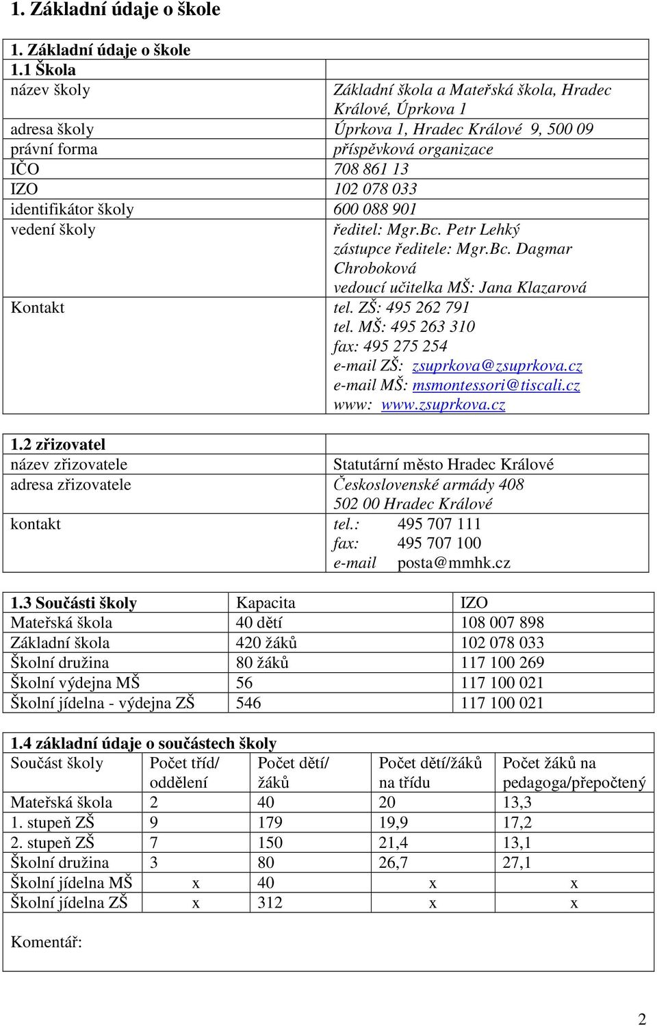 1 Škola název školy Základní škola a Mateřská škola, Hradec Králové, Úprkova 1 adresa školy Úprkova 1, Hradec Králové 9, 500 09 právní forma příspěvková organizace IČO 708 861 13 IZO 102 078 033