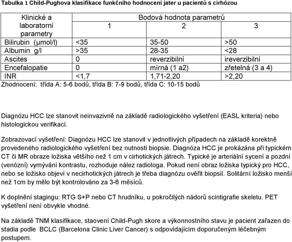 HCC lze stanovit neinvazivně na základě radiologického vyšetření (EASL kriteria) nebo histologickou verifikací.