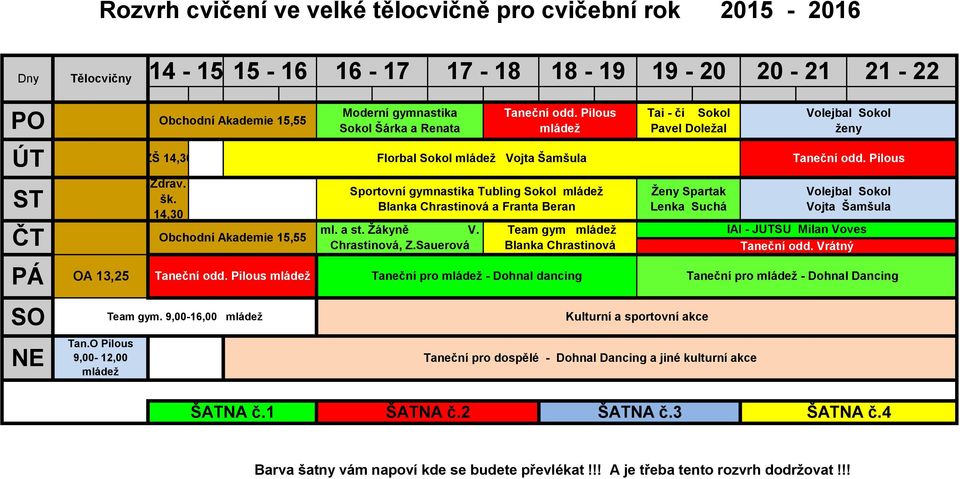 9,00-16,00 mládež Moderní gymnastika Sokol Šárka a Renata Florbal Sokol mládež Vojta Šamšula Sportovní gymnastika Tubling Sokol mládež Blanka Chrastinová a Franta Beran ml. a st. Žákyně V.