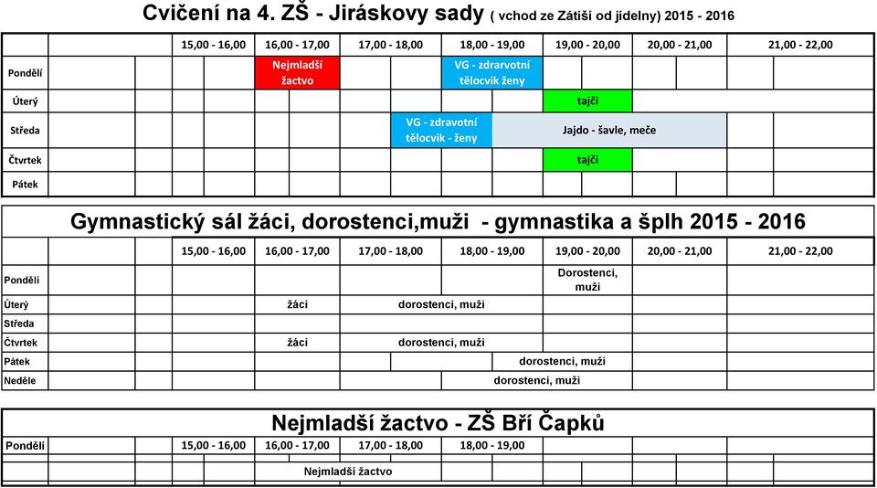 Nejmladší žactvo VG - zdravotní tělocvik - ženy VG - zdrarvotní tělocvik ženy tajči Jajdo - šavle, meče tajči Pátek Gymnastický sál žáci, dorostenci,muži - gymnastika a šplh