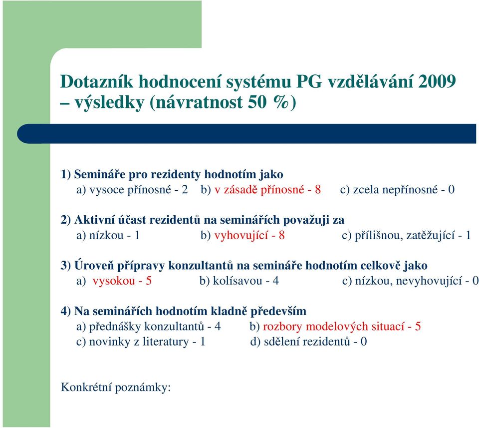 3) Úroveň přípravy konzultantů na semináře hodnotím celkově jako a) vysokou - 5 b) kolísavou - 4 c) nízkou, nevyhovující - 0 4) Na seminářích hodnotím