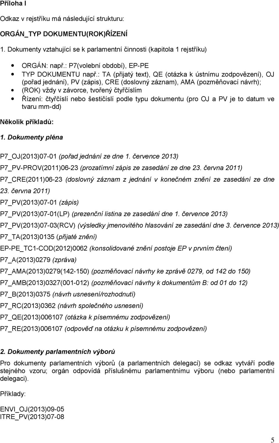 : TA (přijatý text), QE (otázka k ústnímu zodpovězení), OJ (pořad jednání), PV (zápis), CRE (doslovný záznam), AMA (pozměňovací návrh); (ROK) vždy v závorce, tvořený čtyřčíslím Řízení: čtyřčíslí nebo