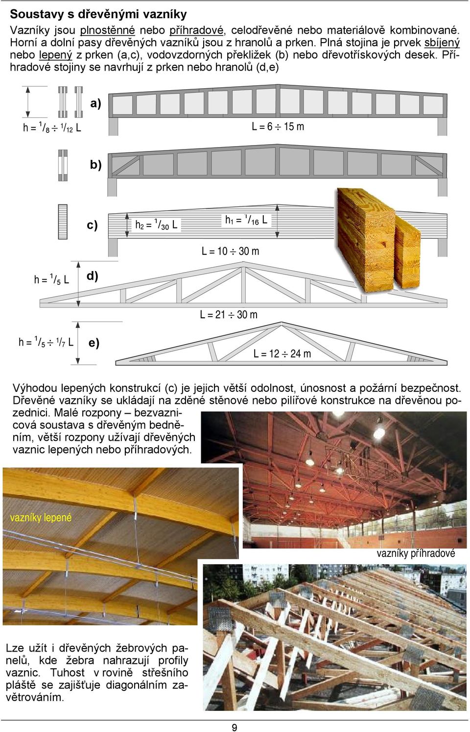 Příhradové stojiny se navrhují z prken nebo hranolů (d,e) a) h = 1 / 8 1 / 12 L L = 6 15 m b) c) h 2 = 1 / 30 L h 1 = 1 / 16 L L = 10 30 m h = 1 / 5 L d) h = 1 / 5 1 / 7 L e) L = 21 30 m L = 12 24 m