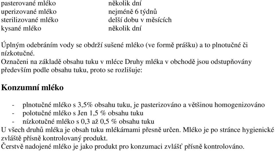 Označeni na základě obsahu tuku v mléce Druhy mléka v obchodě jsou odstupňovány především podle obsahu tuku, proto se rozlišuje: Konzumní mléko - plnotučné mléko s 3,5% obsahu tuku, je