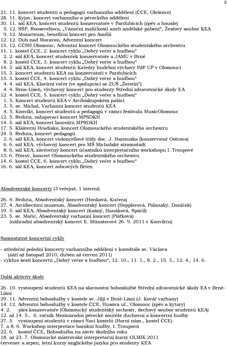 1. kostel ČCE, 2. koncert cyklu Dobrý večer s hudbou 2. 2. sál KEA, koncert studentek konzervatoře a JAMU v Brně 8. 2. kostel ČCE, 3.