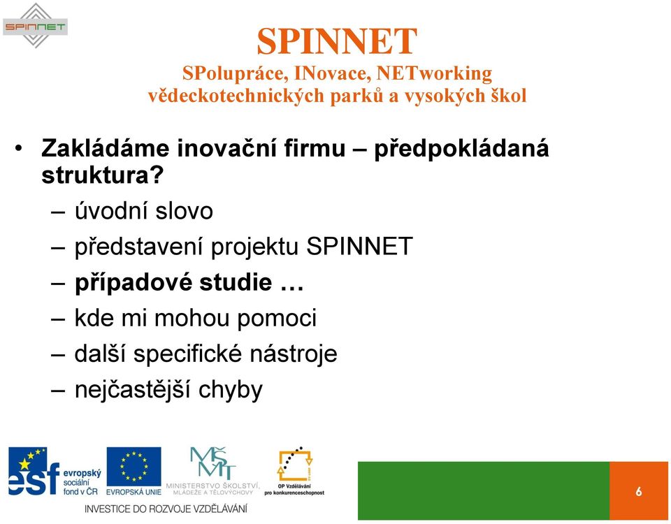 úvodní slovo představení projektu SPINNET