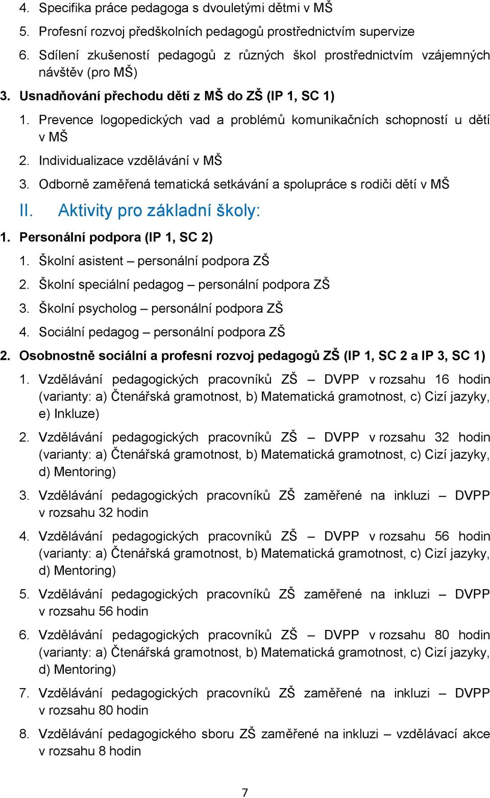 Prevence logopedických vad a problémů komunikačních schopností u dětí v MŠ 2. Individualizace vzdělávání v MŠ 3. Odborně zaměřená tematická setkávání a spolupráce s rodiči dětí v MŠ II.