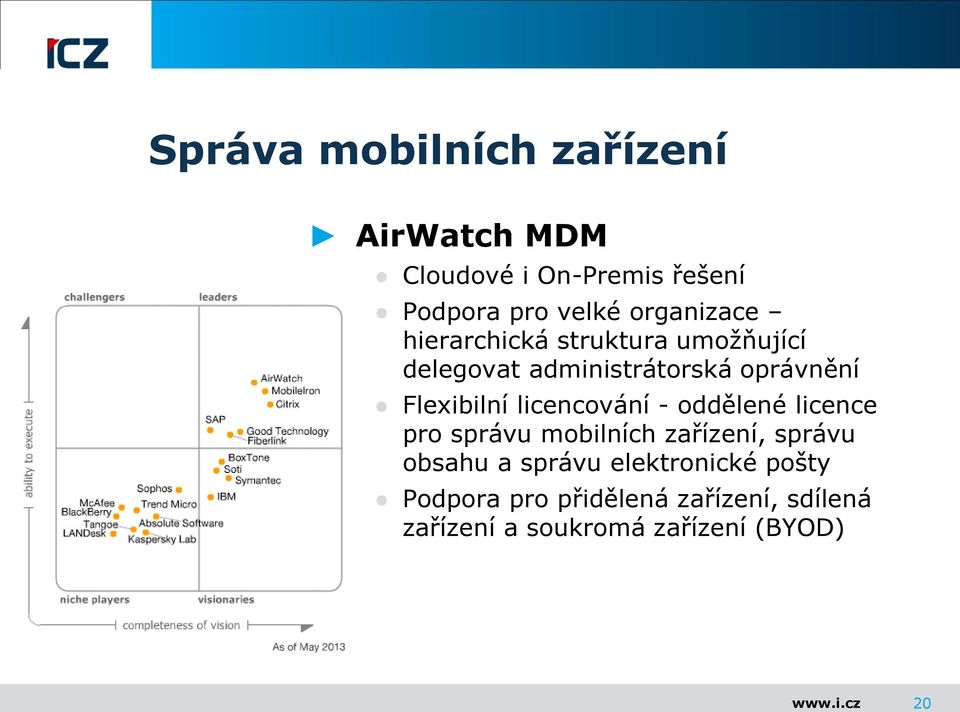 Flexibilní licencování - oddělené licence pro správu mobilních zařízení, správu obsahu a