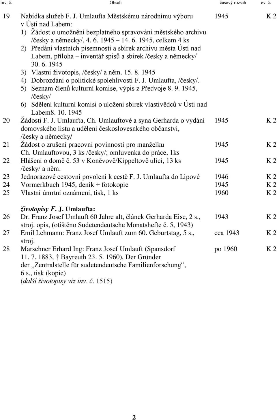 15. 8. 1945 4) Dobrozdání o politické spolehlivosti F. J. Umlaufta, /česky/. 5) Seznam členů kulturní komise, výpis z Předvoje 8. 9.