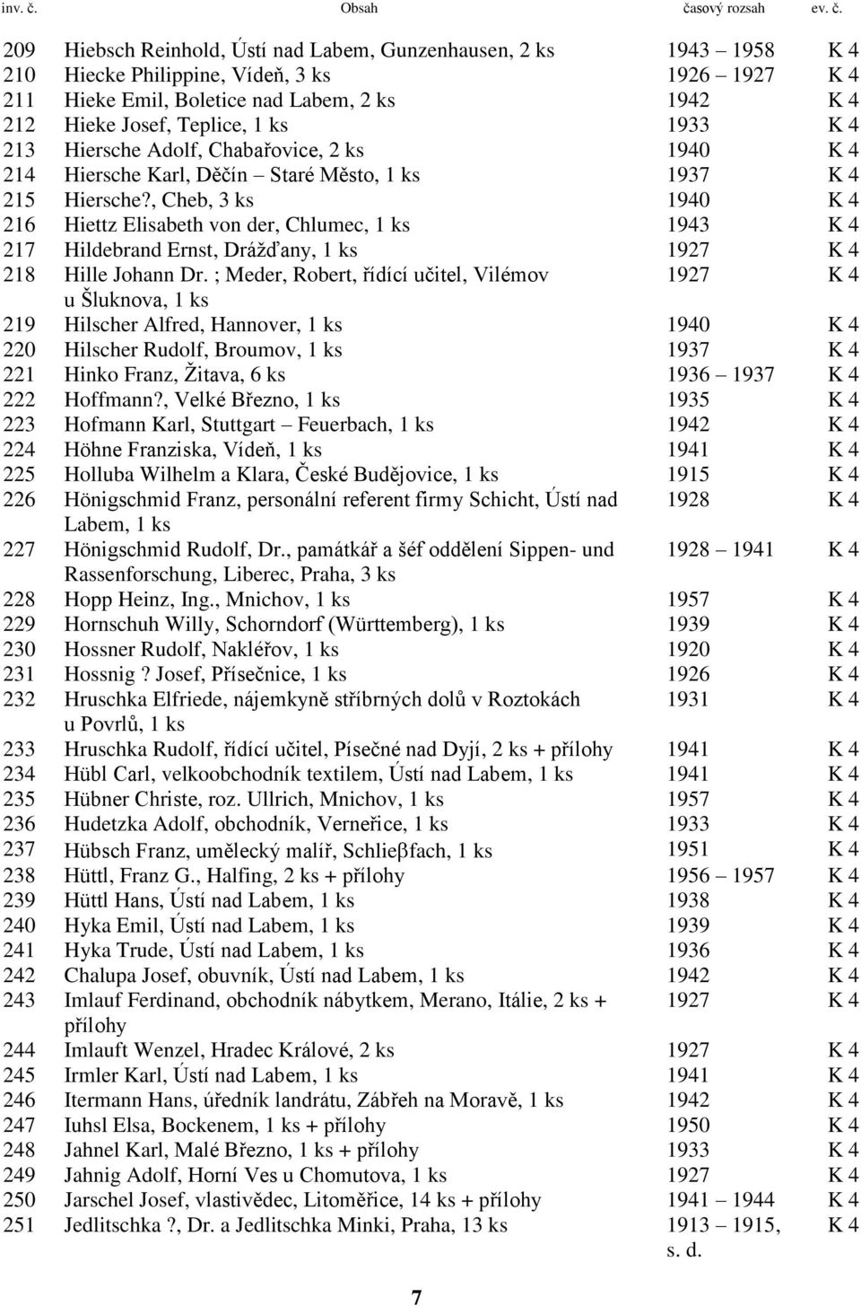 , Cheb, 3 ks 1940 K 4 216 Hiettz Elisabeth von der, Chlumec, 1 ks 1943 K 4 217 Hildebrand Ernst, Drážďany, 1 ks 1927 K 4 218 Hille Johann Dr.