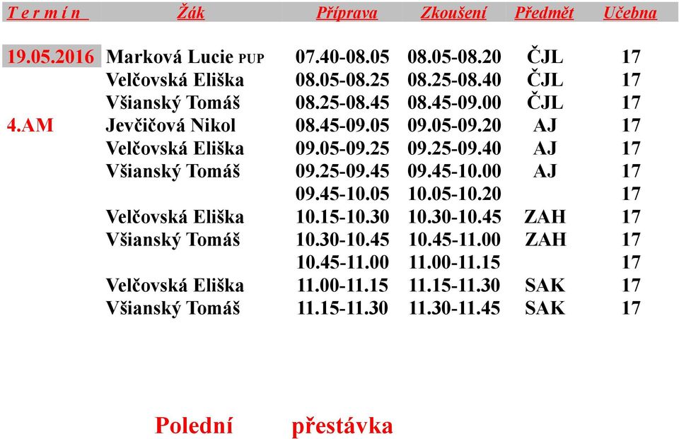 40 AJ 17 Všianský Tomáš 09.25-09.45 09.45-10.00 AJ 17 09.45-10.05 10.05-10.20 17 Velčovská Eliška 10.15-10.30 10.30-10.45 ZAH 17 Všianský Tomáš 10.