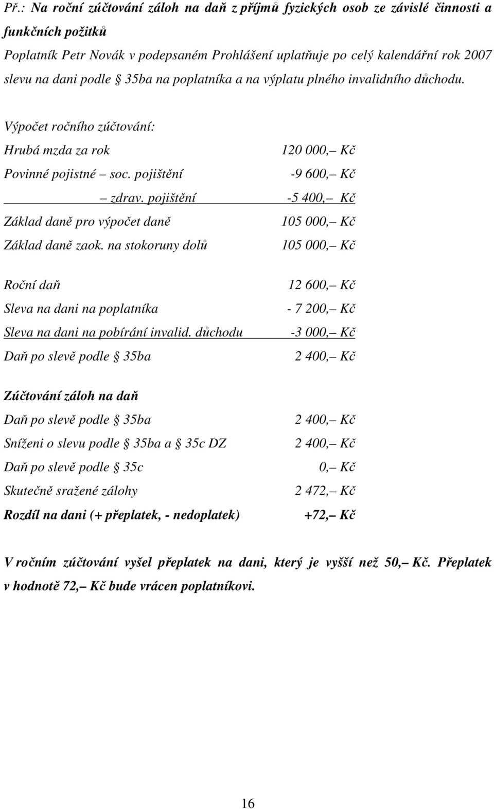 pojištění -5 400, Kč Základ daně pro výpočet daně 105 000, Kč Základ daně zaok. na stokoruny dolů 105 000, Kč Roční daň Sleva na dani na poplatníka Sleva na dani na pobírání invalid.