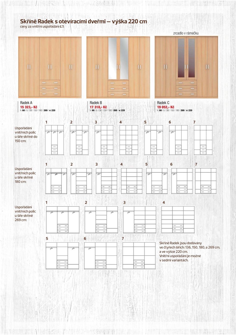 Kč h: 60 / š: 136 150 180 269 / v: 220 Uspořádání vnitřních polic u šíře skříně do 150 cm: 1 2 3 4 5 6 7 Uspořádání vnitřních polic u šíře skříně