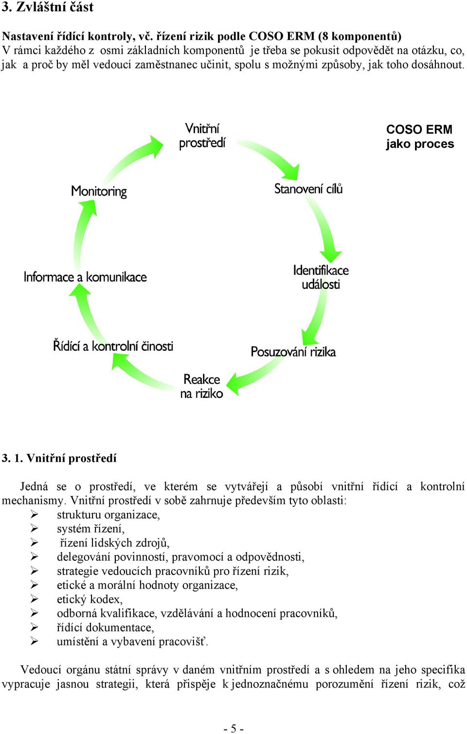 způsoby, jak toho dosáhnout. COSO ERM jako proces 3. 1. Vnitřní prostředí Jedná se o prostředí, ve kterém se vytvářejí a působí vnitřní řídící a kontrolní mechanismy.