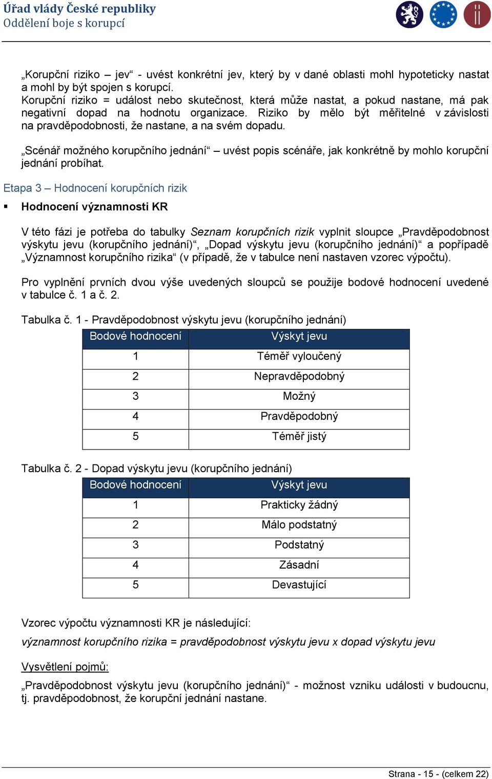 Riziko by mělo být měřitelné v závislosti na pravděpodobnosti, že nastane, a na svém dopadu. Scénář možného korupčního jednání uvést popis scénáře, jak konkrétně by mohlo korupční jednání probíhat.