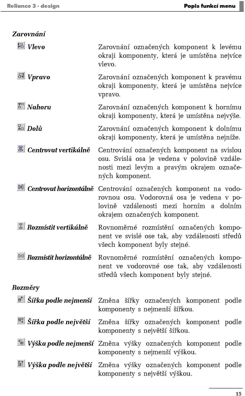 Zarovnání označených komponent k dolnímu okraji komponenty, která je umístěna nejníže. Centrování označených komponent na svislou osu.