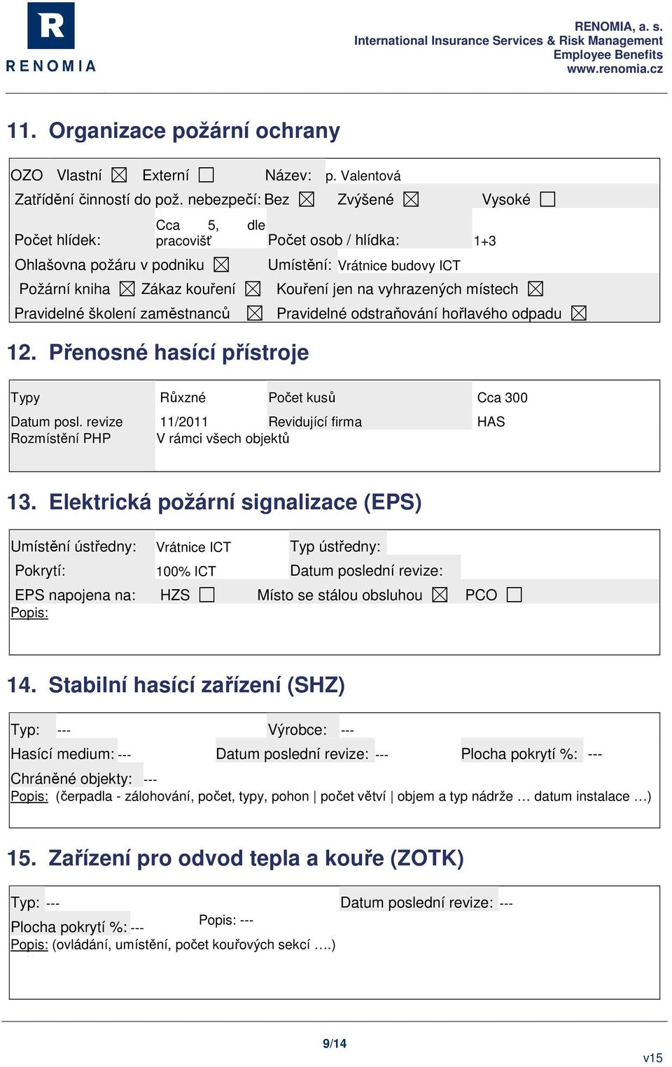 vyhrazených místech Pravidelné školení zaměstnanců 12. Přenosné hasící přístroje Pravidelné odstraňování hořlavého odpadu Typy Růxzné Počet kusů Cca 300 Datum posl.