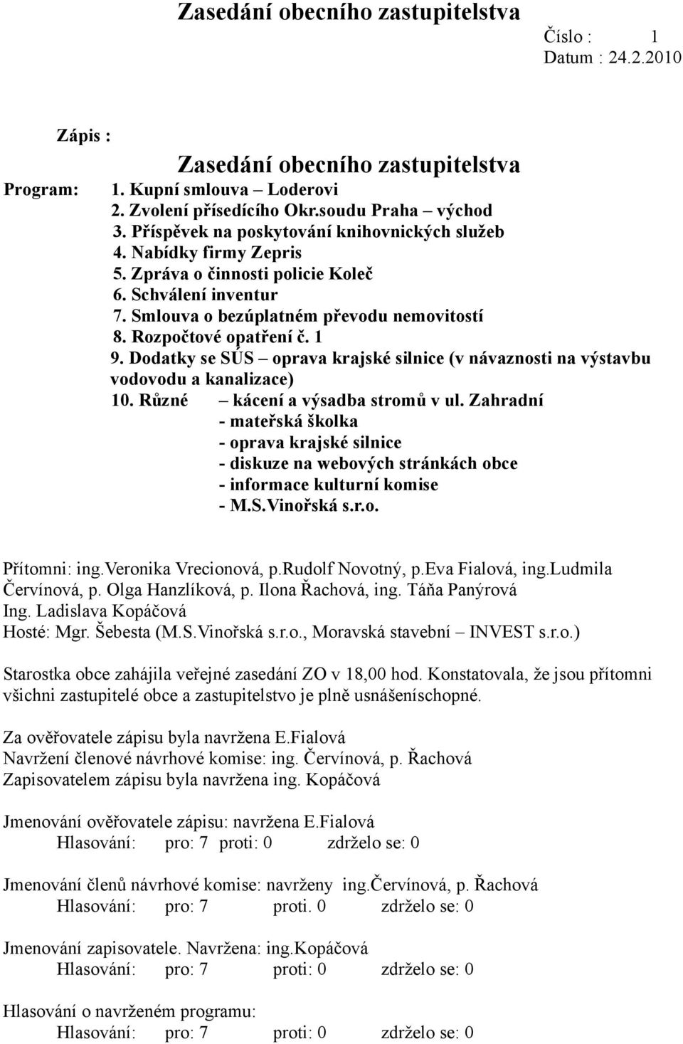 1 9. Dodatky se SÚS oprava krajské silnice (v návaznosti na výstavbu vodovodu a kanalizace) 10. Různé kácení a výsadba stromů v ul.