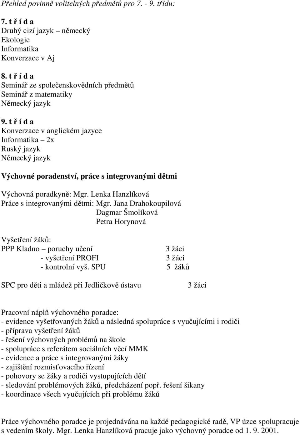 t ř í d a Konverzace v anglickém jazyce Informatika 2x Ruský jazyk Německý jazyk Výchovné poradenství, práce s integrovanými dětmi Výchovná poradkyně: Mgr.