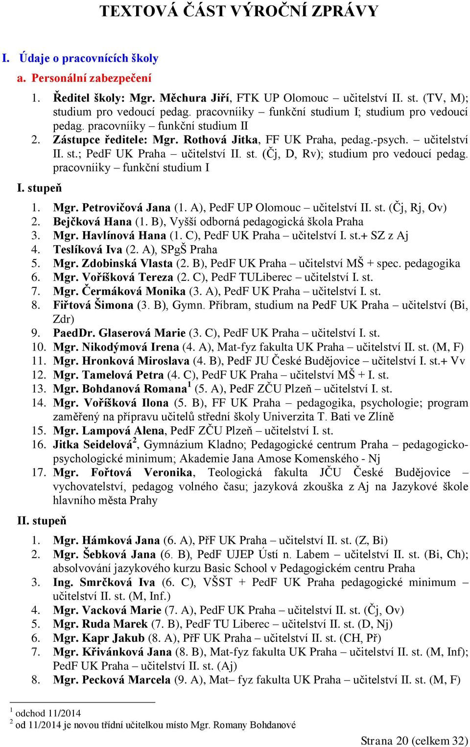 st. (Čj, D, Rv); studium pro vedoucí pedag. pracovníiky funkční studium I I. stupeň 1. Mgr. Petrovičová Jana (1. A), PedF UP Olomouc učitelství II. st. (Čj, Rj, Ov) 2. Bejčková Hana (1.