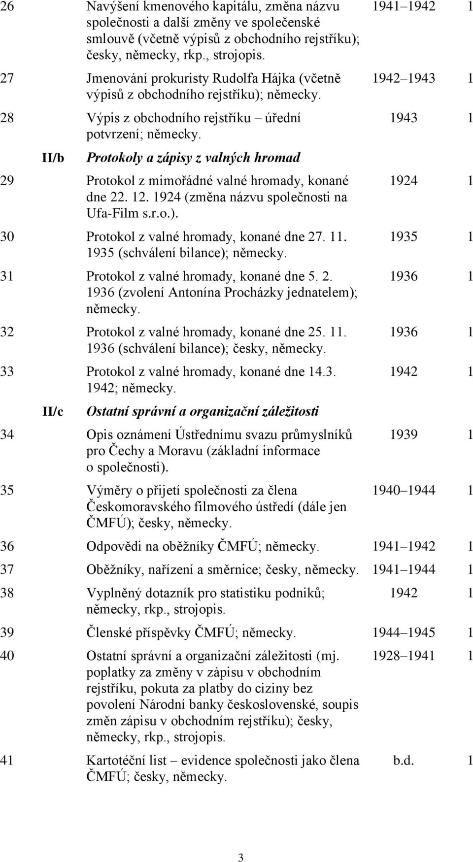 II/b Protokoly a zápisy z valných hromad 29 Protokol z mimořádné valné hromady, konané dne 22. 12. 1924 (změna názvu společnosti na Ufa-Film s.r.o.). 30 Protokol z valné hromady, konané dne 27. 11.
