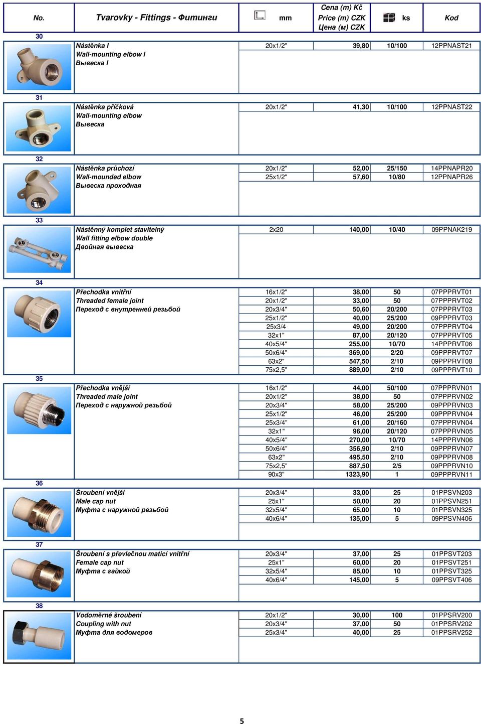 Přechodka vnitřní 16x1/2" 38,00 50 07PPPRVT01 Threaded female joint 20x1/2" 33,00 50 07PPPRVT02 Переход с внутренней резьбой 20x3/4" 50,60 20/200 07PPPRVT03 25x1/2" 40,00 25/200 09PPPRVT03 25x3/4