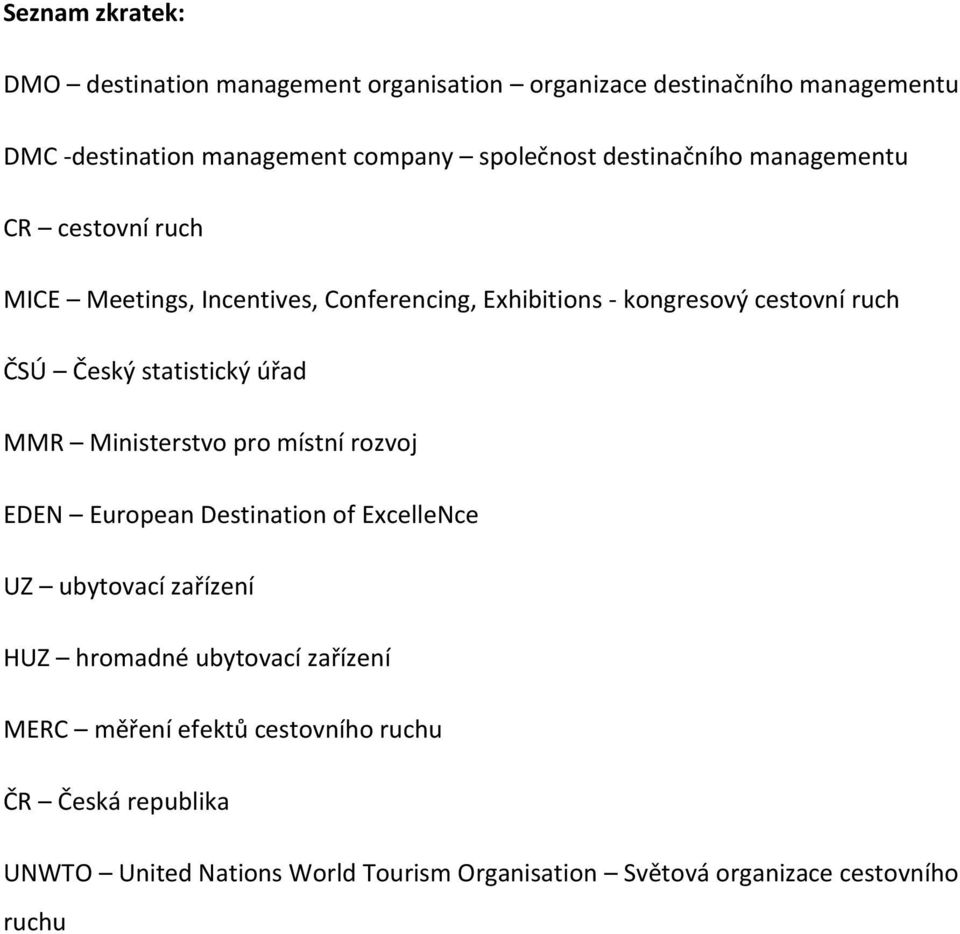 statistický úřad MMR Ministerstvo pro místní rozvoj EDEN European Destination of ExcelleNce UZ ubytovací zařízení HUZ hromadné ubytovací