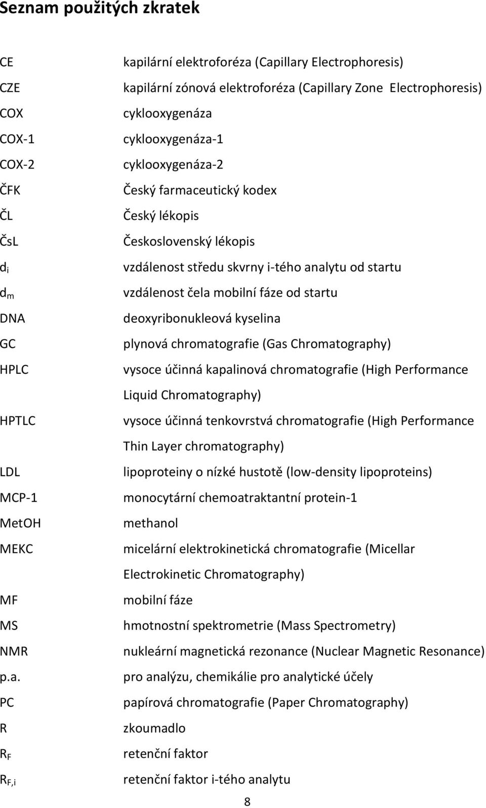 ek CE CZE COX COX-1 COX-2 ČFK ČL ČsL d i d m DNA GC HPLC HPTLC LDL MCP-1 MetOH MEKC MF MS NMR p.a.