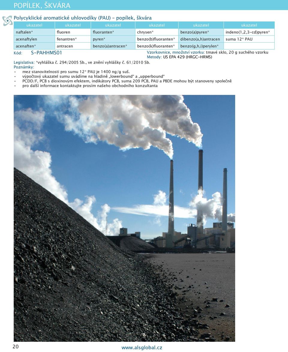 g suchého vzorku Metody: US EPA 429 (HRGC-HRMS) Legislativa: *vyhláška č. 294/2005 Sb., ve znění vyhlášky č. 61/2010 Sb. Poznámky: pro sumu 12* PAU je 1400 ng/g suš.