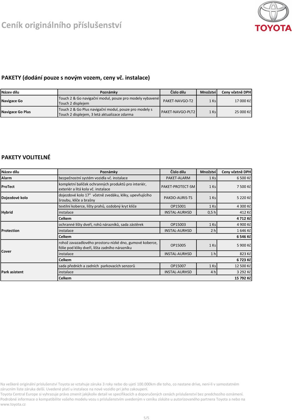 aktualizace zdarma PAKET-NAVGO-T2 1 Ks 17 000 Kč PAKET-NAVGO-PLT2 1 Ks 25 000 Kč PAKETY VOLITELNÉ Alarm bezpečnostní systém vozidla vč.