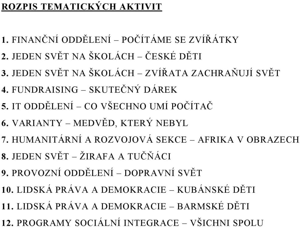 VARIANTY MEDVĚD, KTERÝ NEBYL 7. HUMANITÁRNÍ A ROZVOJOVÁ SEKCE AFRIKA V OBRAZECH 8. JEDEN SVĚT ŽIRAFA A TUČŇÁCI 9.