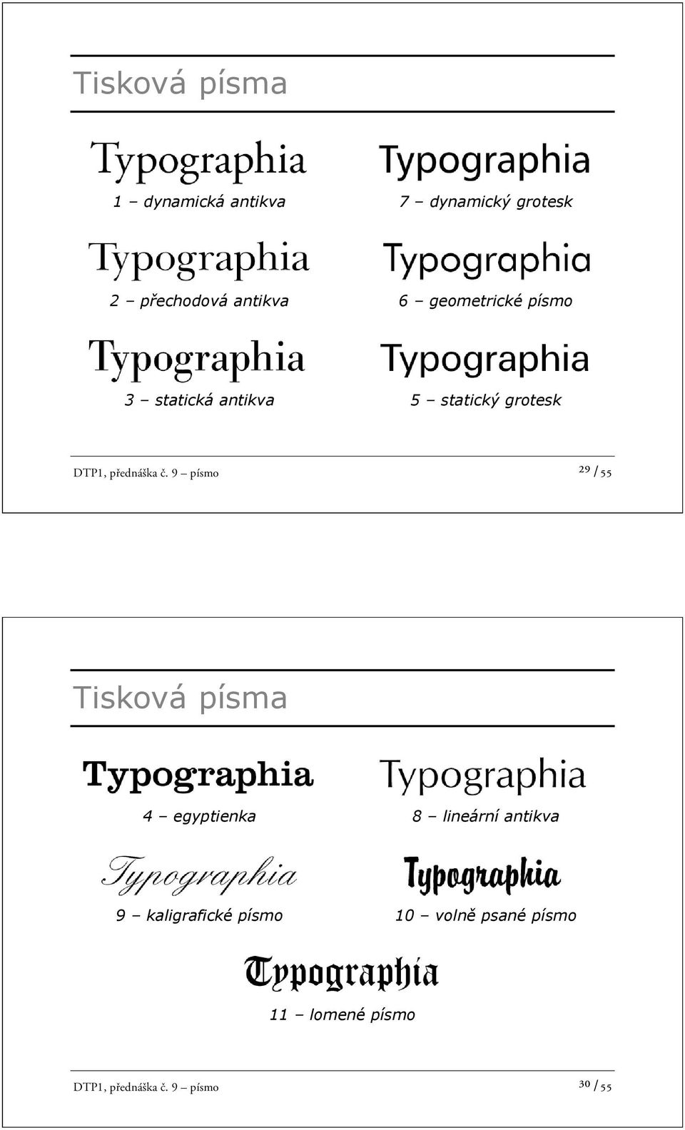 9 písmo ²9 /55 Tisková písma 4 egyptienka 8 lineární antikva 9 kaligrafické