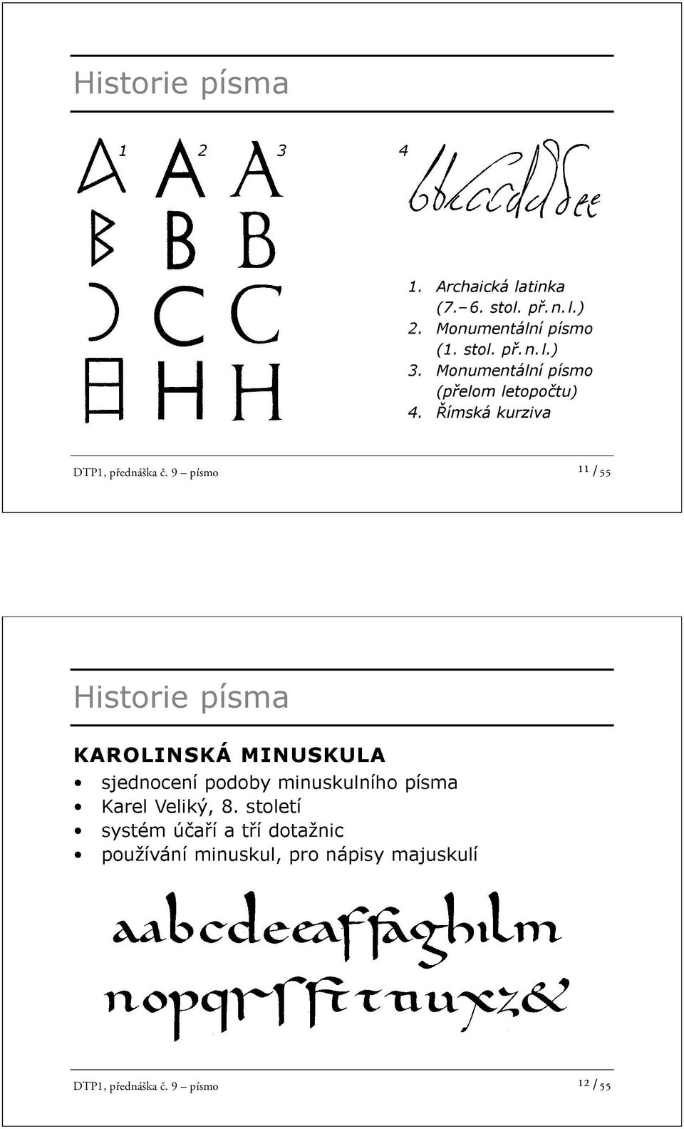 9 písmo ¹¹ /55 Historie písma KAROLINSKÁ MINUSKULA sjednocení podoby minuskulního písma Karel