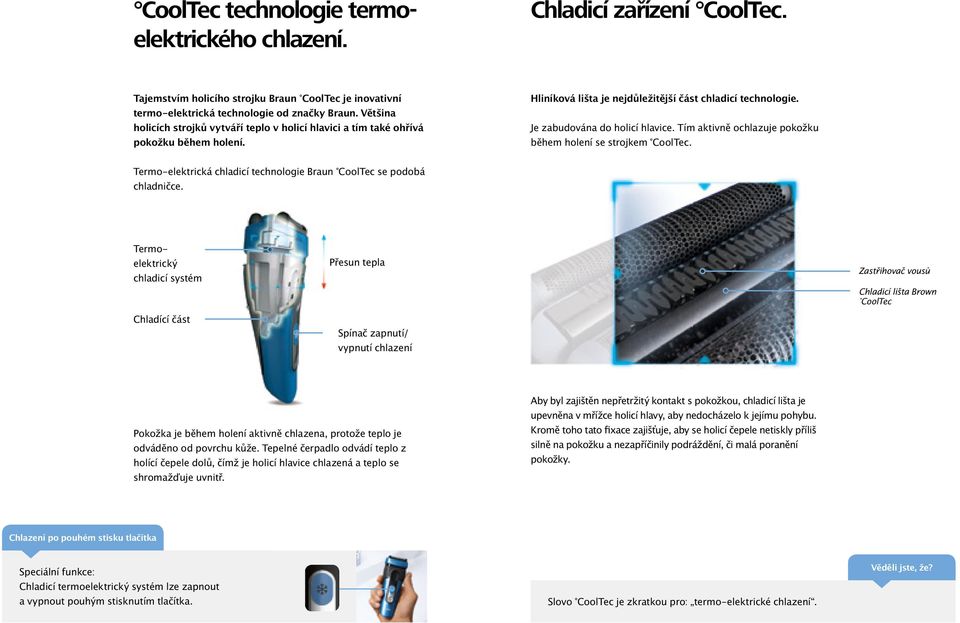 Tím aktivně ochlazuje pokožku během holení se strojkem CoolTec. Termo-elektrická chladicí technologie Braun CoolTec se podobá chladničce.