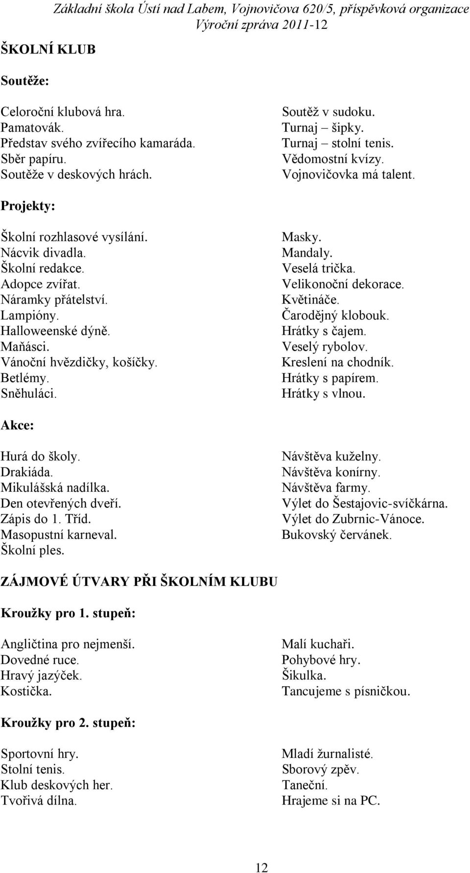 Adopce zvířat. Náramky přátelství. Lampióny. Halloweenské dýně. Maňásci. Vánoční hvězdičky, košíčky. Betlémy. Sněhuláci. Masky. Mandaly. Veselá trička. Velikonoční dekorace. Květináče.