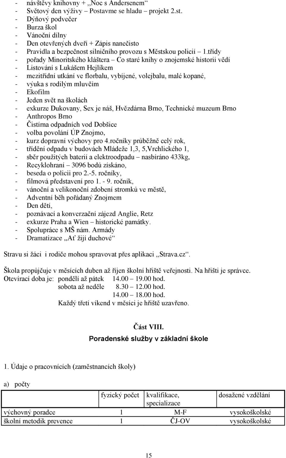 třídy - pořady Minoritského kláštera Co staré knihy o znojemské historii vědí - Listování s Lukášem Hejlíkem - mezitřídní utkání ve florbalu, vybíjené, volejbalu, malé kopané, - výuka s rodilým