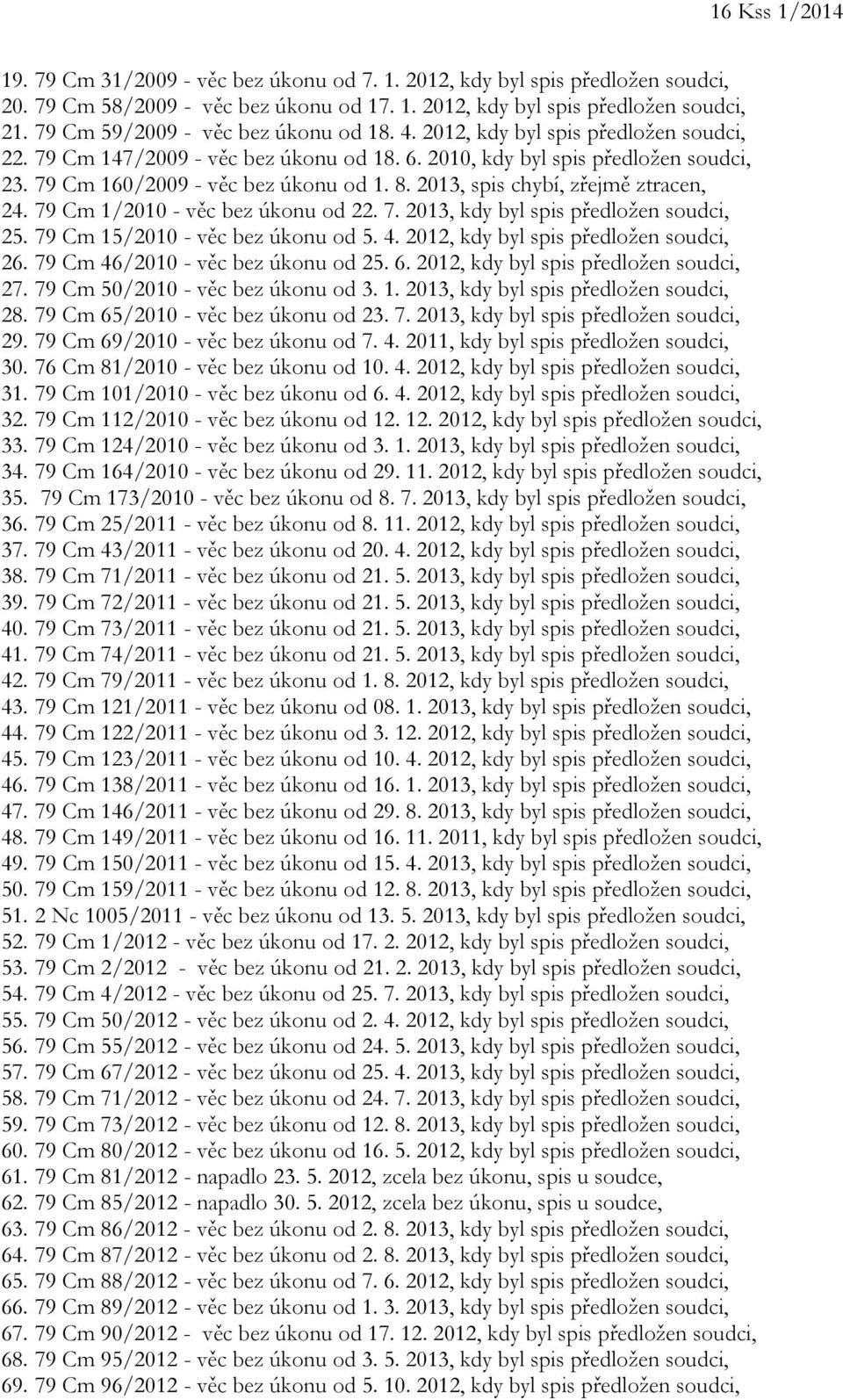 8. 2013, spis chybí, zřejmě ztracen, 24. 79 Cm 1/2010 - věc bez úkonu od 22. 7. 2013, kdy byl spis předložen soudci, 25. 79 Cm 15/2010 - věc bez úkonu od 5. 4. 2012, kdy byl spis předložen soudci, 26.