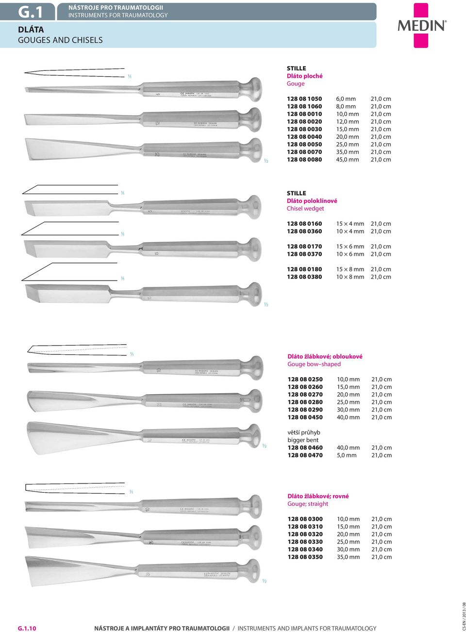 128 08 0360 10 4 mm 21,0 cm 128 08 0170 15 6 mm 21,0 cm 128 08 0370 10 6 mm 21,0 cm 128 08 0180 15 8 mm 21,0 cm 128 08 0380 10 8 mm 21,0 cm Dláto žlábkové; obloukové Gouge bow shaped 128 08 0250 10,0